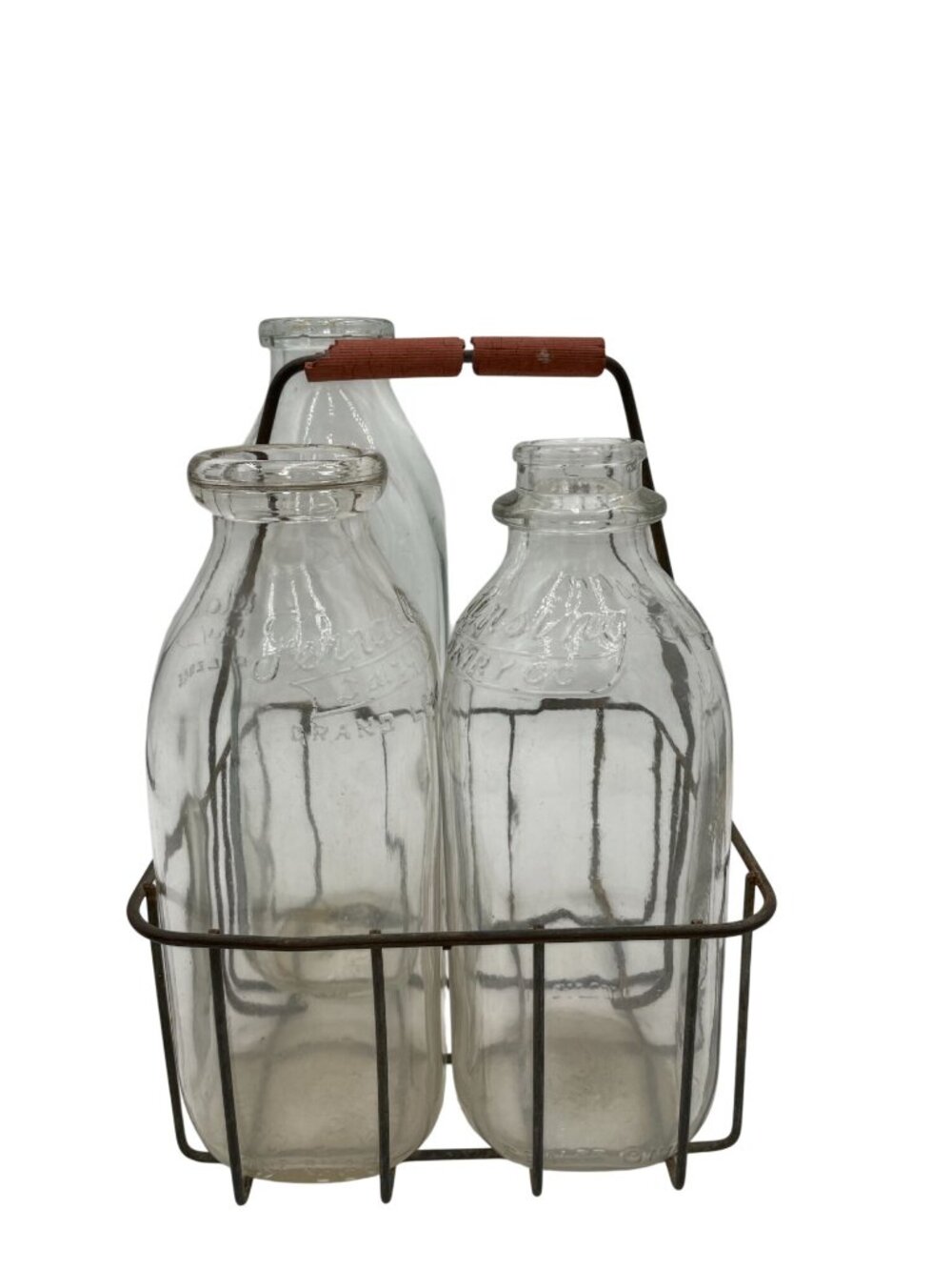 Vintage Glass Milk Bottles Metal Carrier Ferndale Lansing Dairy READ